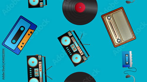 Seamless pattern of retro old hipster music audio cassette players and tape recorders vinyl records and radio from the 70s, 80s, 90s, 2000s on a blue background