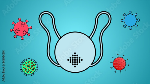 Medical protective mask, respirator and illness fatal dangerous coronavirus infection covid-19 pandemic virus molecule on a blue background