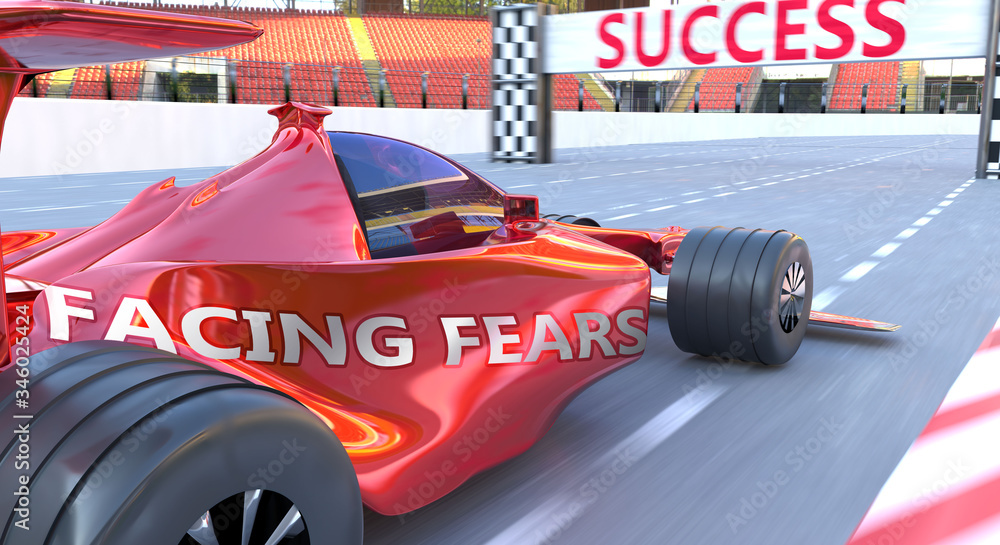 Naklejka premium Facing fears and success - pictured as word Facing fears and a f1 car, to symbolize that Facing fears can help achieving success and prosperity in life and business, 3d illustration