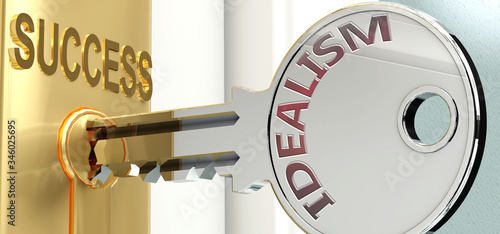 Idealism and success - pictured as word Idealism on a key, to symbolize that Idealism helps achieving success and prosperity in life and business, 3d illustration photo