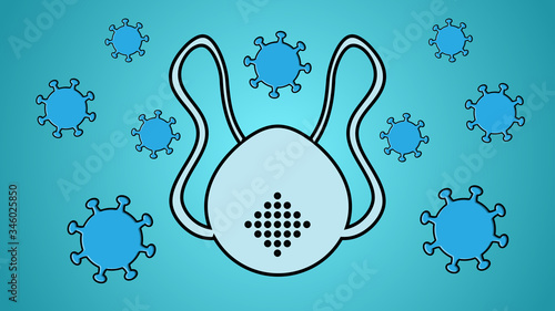 Medical protective mask, respirator and illness fatal dangerous coronavirus infection covid-19 pandemic virus molecule on a blue background