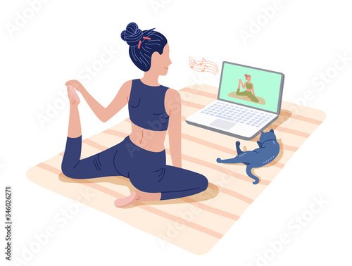 Yoga online classes. Girl watching online sport tutorials on laptop and working out at home with a cat. Concept ilustration isolated on white.