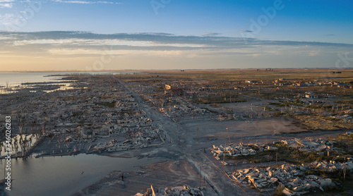 aerial view of a city that seems to have been bombed, in villa epecuen, province of Buenos Aires, Argentina.