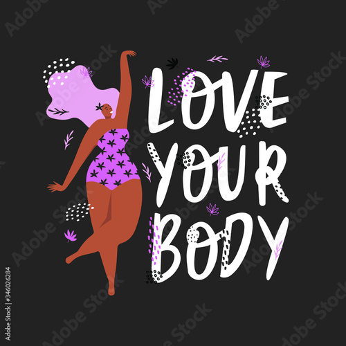 Love your body. Motivational and inspiring banner with decorative elements. Flat vector illustration.