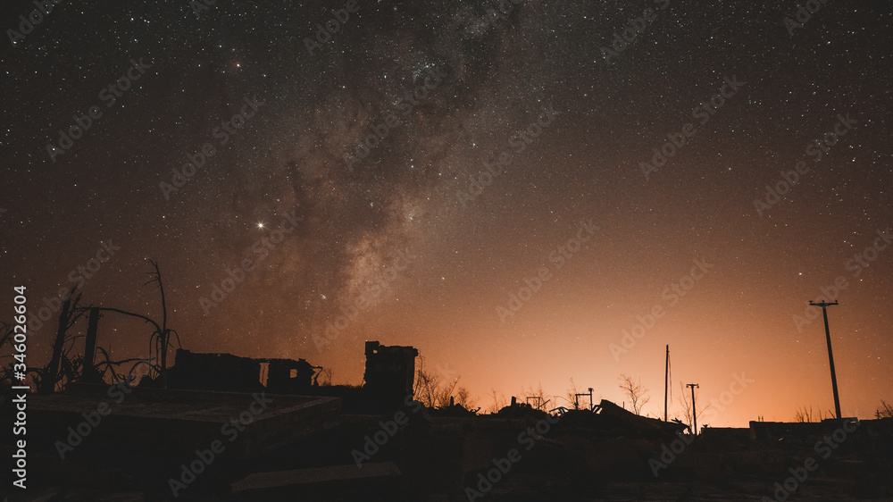 Night photography of the ruins of epecuen, the stars light up the sky near the carhue town, Provincia de Buenos Aire, Argentina. Night photography of the ruins of epecuen, the stars light up the sky near the carhue town, Provincia de Buenos Aire, Argentina.
