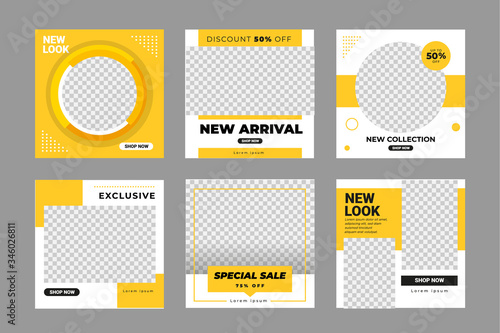 Set of Editable square banner template. Black and yellow background color with stripe line shape. Suitable for social media post, instagram and web internet ads. Vector illustration with photo college