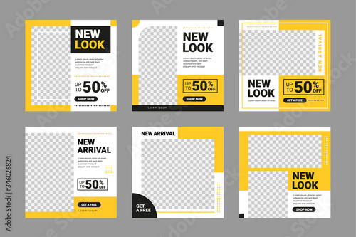 Set of Editable square banner template. Black and yellow background color with stripe line shape. Suitable for social media post, instagram and web internet ads. Vector illustration with photo college