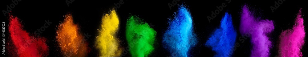 Set collection of colorful rainbow holi paint color powder explosion isolated dark black background. red orange yellow green cyan blue purple pink design pattern. - obrazy, fototapety, plakaty 