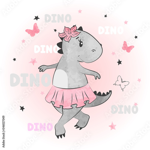 Cute cartoon baby Dino girl. Vector watercolor dinosaur illustration.