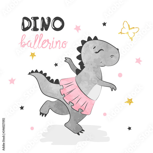 Cartoon baby Dino ballerina girl. Vector watercolor dinosaur illustration.