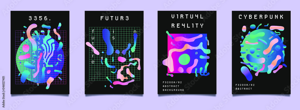 Set of vaporwave and synthwave style posters with liquid blobs in holographic vibrant color tones. Collection of futuristic cyberpunk covers for electronic music party, club or bar night event.