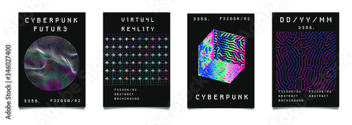 Set of vaporwave and synthwave style posters neon 3d figures. Collection of futuristic cyberpunk covers for music, hackathon or science event.