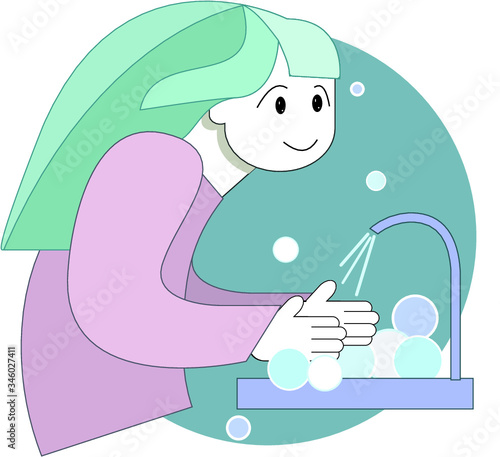 a small minimalistic girl washes her hands thoroughly