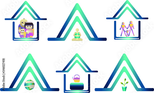 minimalistic stylized icons about saving your life by staying at home