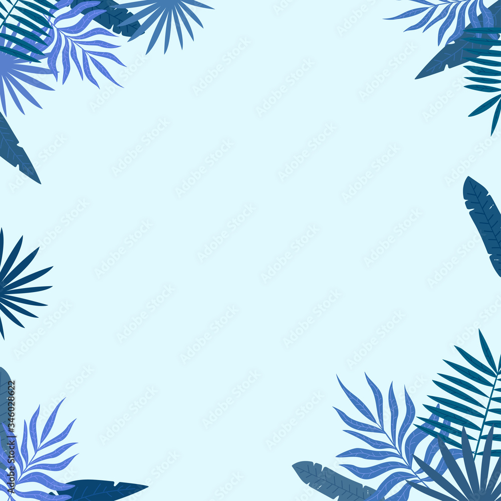 Naklejka premium Blue, purple and green tropical leaf on light isolated background. Natural flat frame. Suitable for card, invitation.