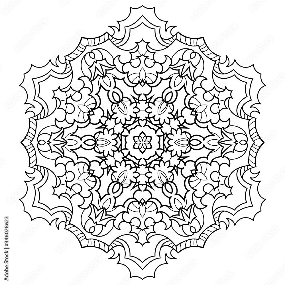 Fototapeta premium Snowflake decorative big mandala with simple decor on white isolated background. For coloring book pages.