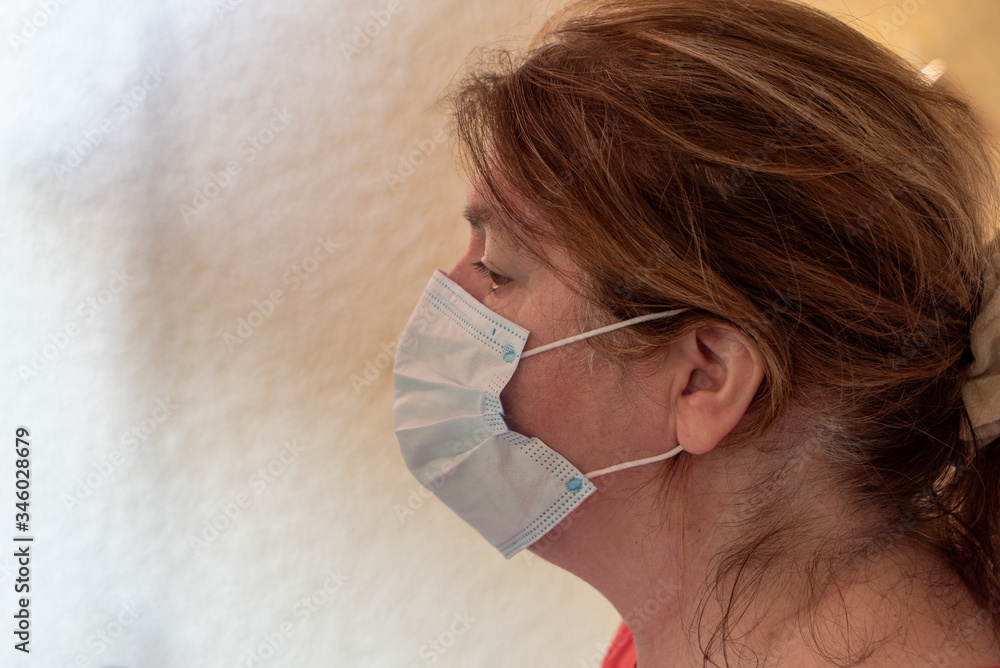 Side head portrait with women wearing a medical mask Side head portrait with women wearing a medical mask