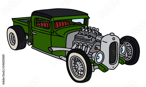 The vectorized hand drawing of a funny green hotrod truck