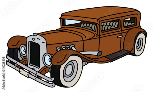 The vectorized hand drawing of a funny vintage brown sedan