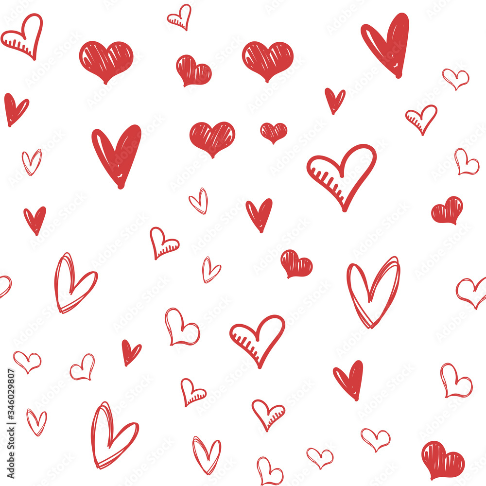 Heart doodles seamless pattern. Valentine's day love texture background. Hand drawn hearts illustrations.