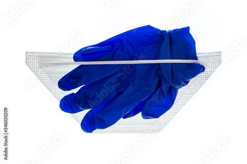 blue latex surgical gloves with N95 face mask isolated on white background