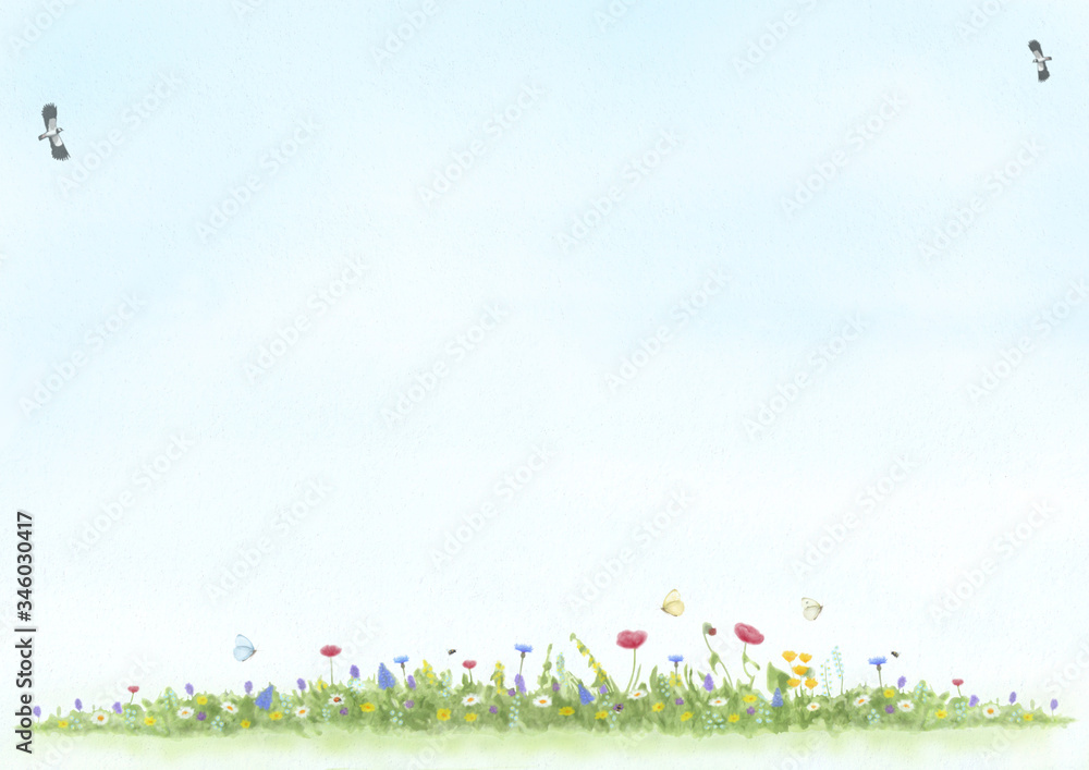 abstract illustration, hand drawn and painted view of meadow with wild flowers, birds and butterfly, mixed art on textured background