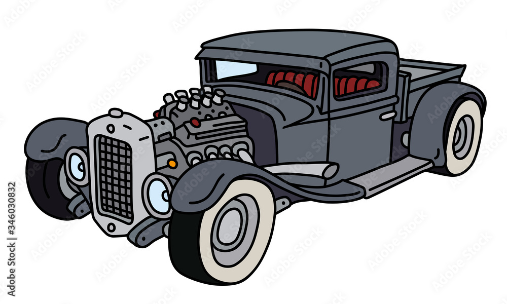 The vectorized hand drawing of a funny gray hotrod truck