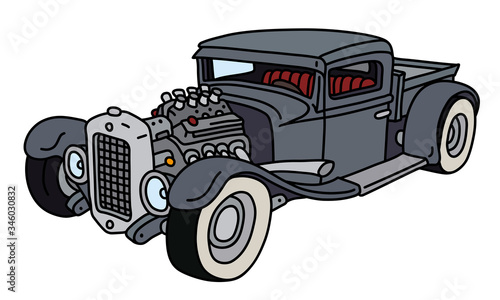 The vectorized hand drawing of a funny gray hotrod truck