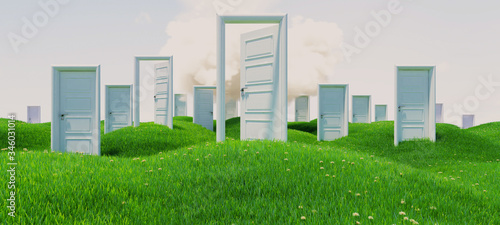 open and closed doors on green flowery hills under cloud 3D rendering