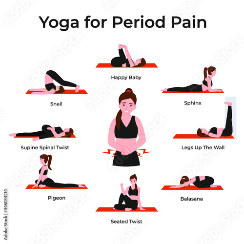 Set yoga poses or asana for period pain for female. Simple poses for beginners. Flat vector cartoon modern illustration. 