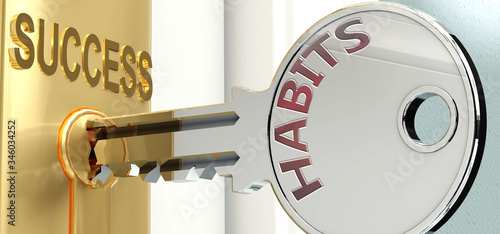Habits and success - pictured as word Habits on a key, to symbolize that Habits helps achieving success and prosperity in life and business, 3d illustration photo
