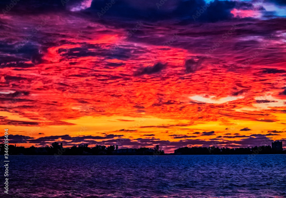 sunset over sea, sky, cloudscape, red, intense, yellow, horizon, reflection, colorful, dusk