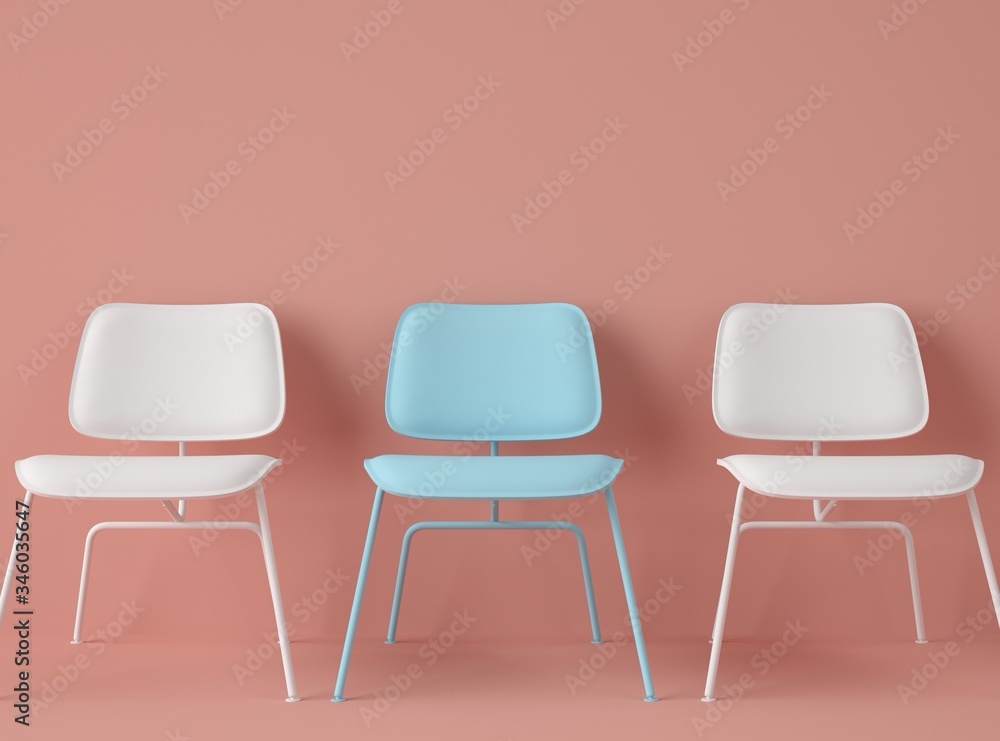 3D Illustration. Row of chairs with one with different colour. 3D Illustration. Row of chairs with one with different colour.