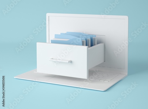 3D Illustration. Computer laptop and file cabinet with folders.