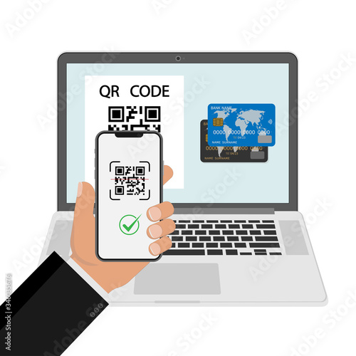 Scan Qr code with laptop and smartphone. Qr code payment , online shopping , cashless technology concept. Vector illustration