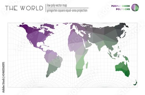 Low poly world map. Gringorten square equal-area projection of the world. Purple Green colored polygons. Trending vector illustration.