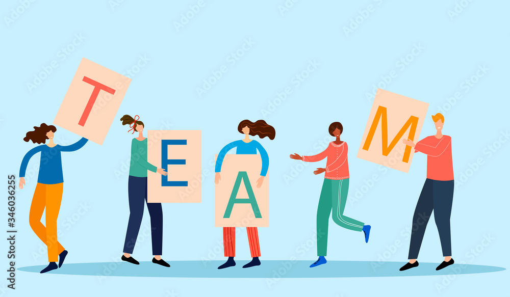 Vector illustration. Office workers from posters with letters written on them add the word team.The concept of teamwork, unity.