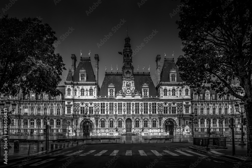 Paris, France - April 28, 2020: Town hall of Paris in France during lockdown due to covid-19. Streets are empty