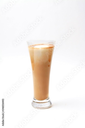 Latte Coffee In Glass Isolated On White Background. Side View, Copy Space, Vertical Orientation.