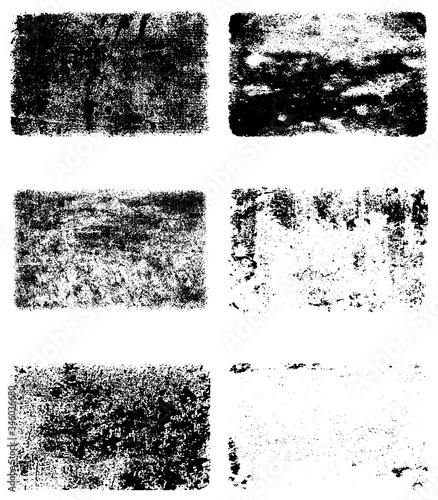 A set of vector grunge textures. Black and white patterns of scratches, cracks, chips, and dust. Abstract ink spots
