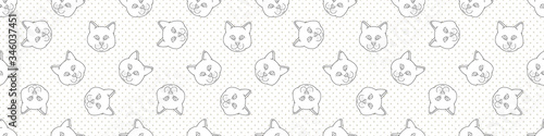Cute cartoon monochrome British shorthair cat face seamless vector border. Pedigree lineart kitty breed domestic kitty background. Cat lover English purebred all over print. Feline EPS 10. 