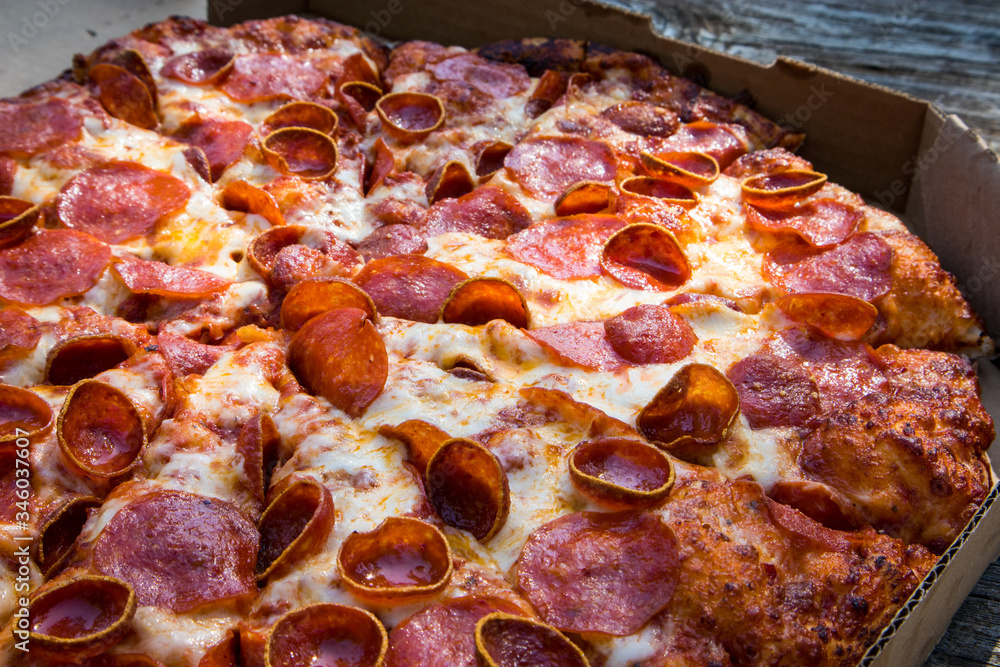 Pepperoni Pizza on a wood table at an outdoor picnic Pepperoni Pizza on a wood table at an outdoor picnic