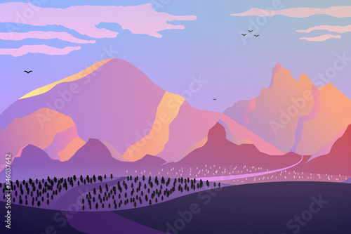 Fototapeta Naklejka Na Ścianę i Meble -  Dawn in the mountains, pink tones, the road going to the distance. A beautiful landscape of mountains and fields in warm tones. Vector eps illustration.