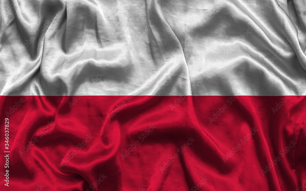 Poland national flag background with fabric texture. Flag of Poland waving in the wind. 3D illustration