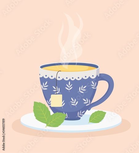 coffee time and tea  cup with tea bag and mint leaves on dish
