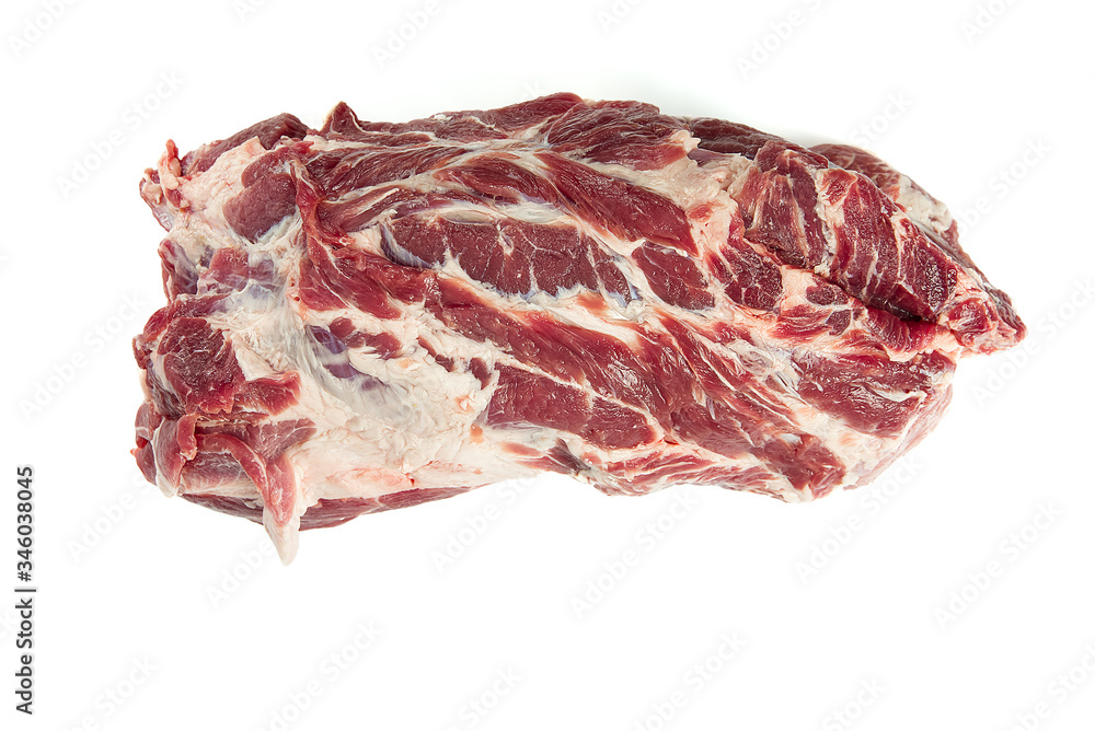 Fresh raw pork neck meat isolated on white background. Pork belly on a white background. Raw pork neck boneless, close-up, isolated. Fresh raw pork neck meat isolated on white background. Pork belly on a white background. Raw pork neck boneless, close-up, isolated.