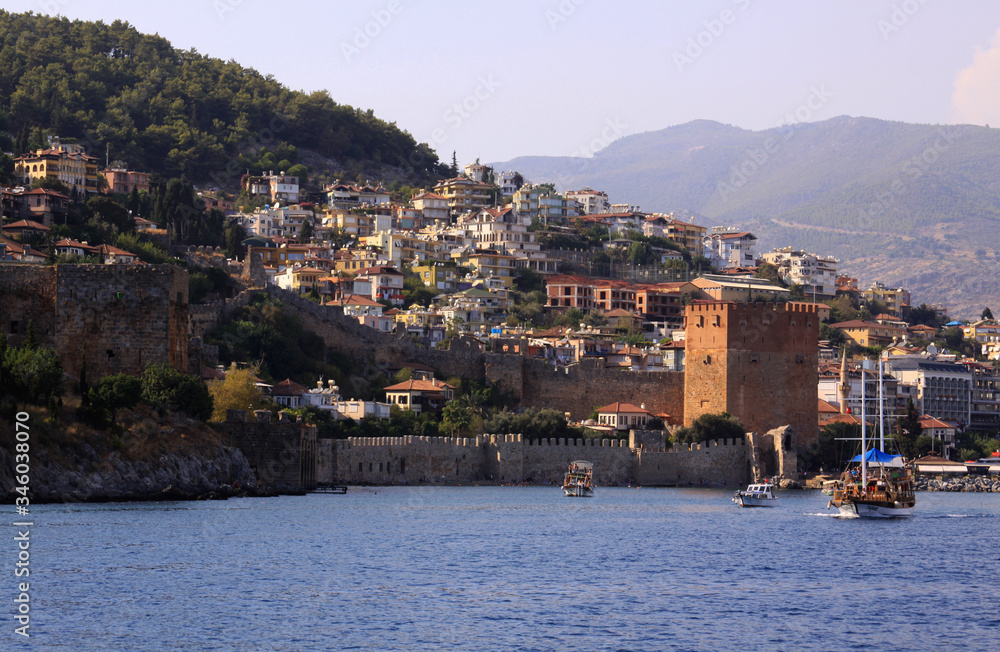 Port of Alanya, Turkey with castle and ships