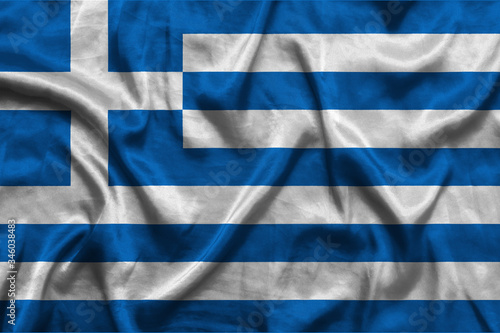 Greece national flag background with fabric texture. Flag of Greece waving in the wind. 3D illustration