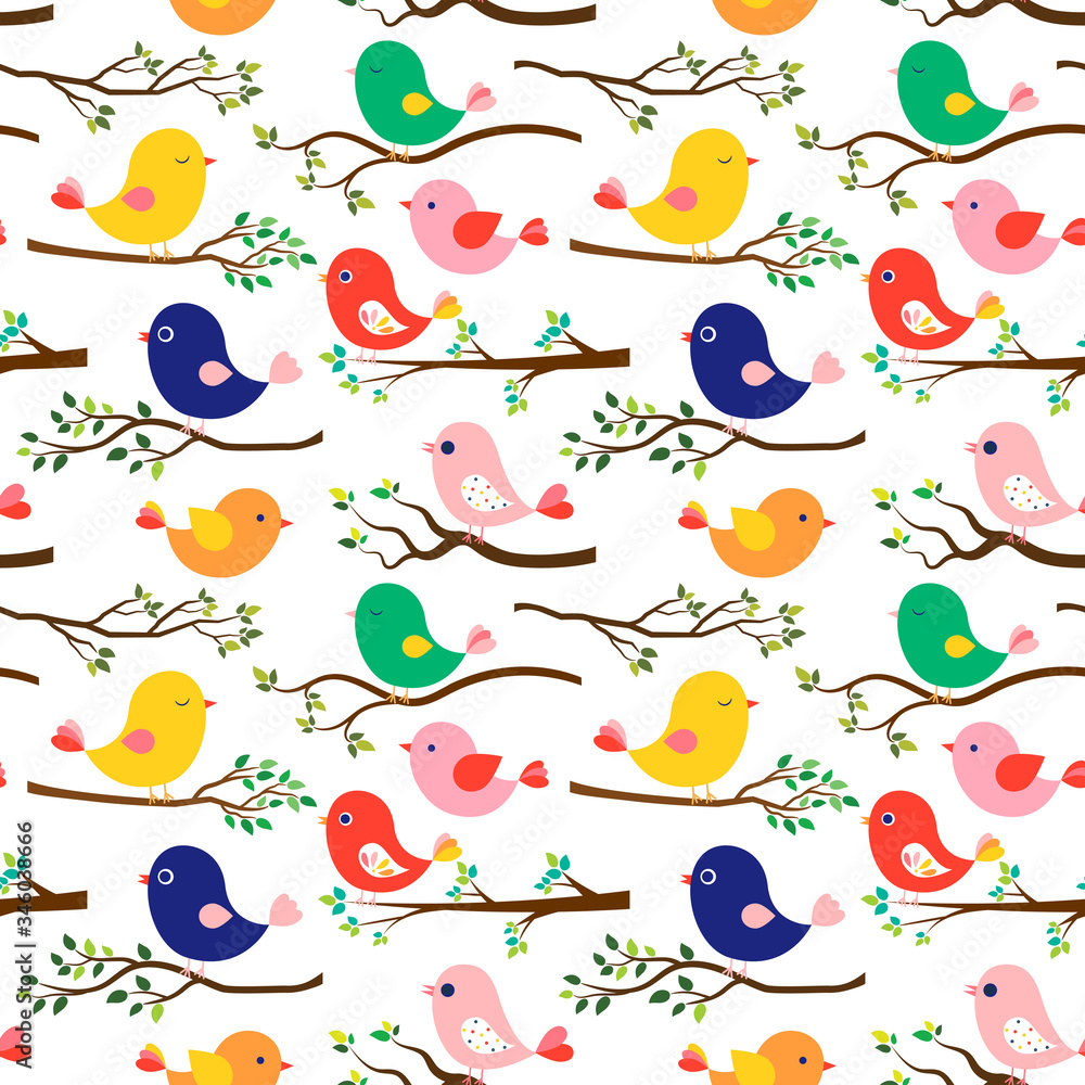 Fotografie Cute, colorful seamless vector pattern with birds and tree branches in flat styl