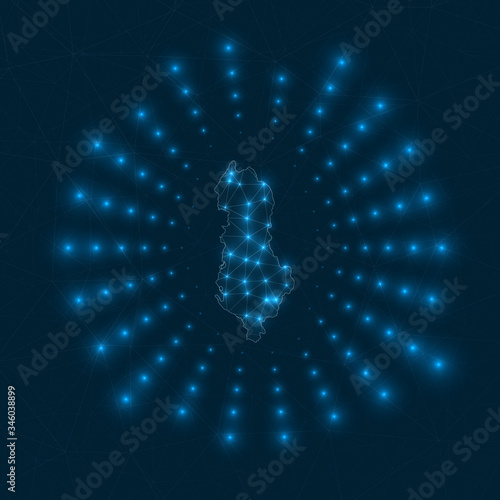 Albania digital map. Glowing rays radiating from the country. Network connections and telecommunication design. Vector illustration. © Eugene Ga